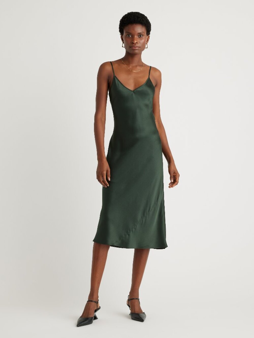 NEW Quince 100% Washable Silk Slip Dress XS Forest Green